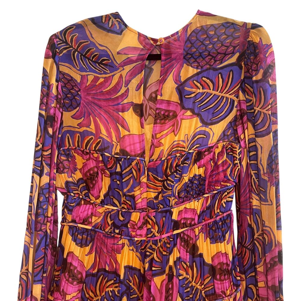 Farm Rio Anthropologie Fruit Dream Tropical Leaf Print Long Sleeve Mini Dress S - Picture 5 of 11